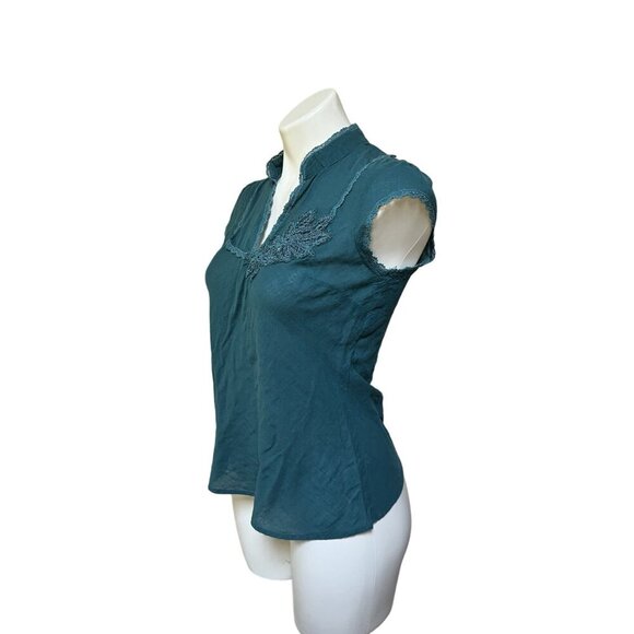 Vintage 90s Y2K Teal Cap Sleeve Slim Fit Feminine Blouse With Lace Accents - Picture 6 of 9